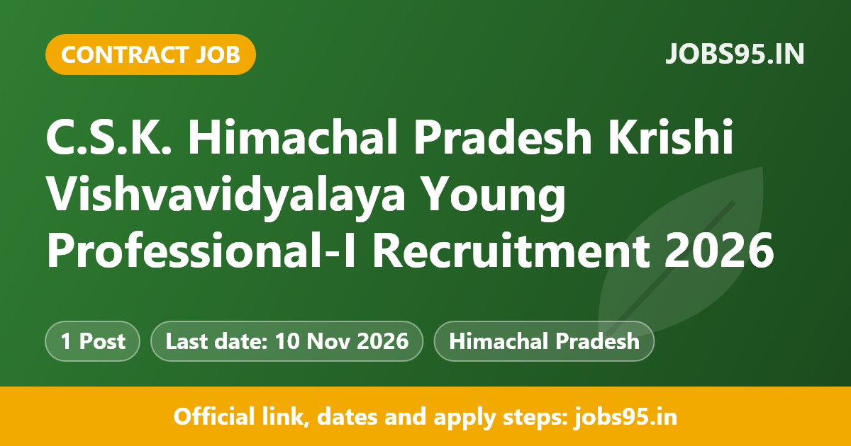C.S.K. Himachal Pradesh Krishi Vishvavidyalaya Young Professional-I Recruitment 2026 – Apply Offline