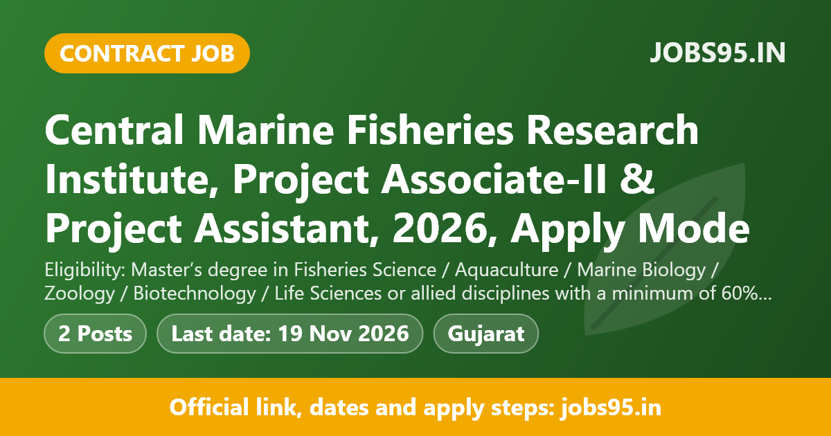 Central Marine Fisheries Research Institute, Project Associate-II & Project Assistant, 2026, Apply Mode: Email