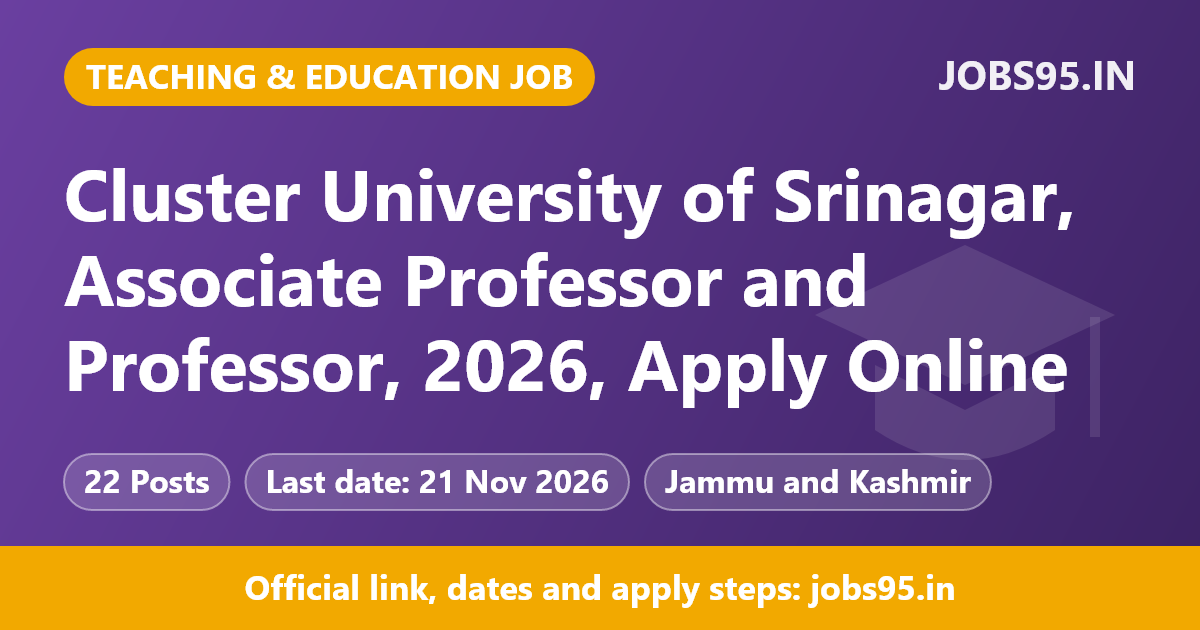 Cluster University of Srinagar, Associate Professor and Professor, 2026, Apply Online
