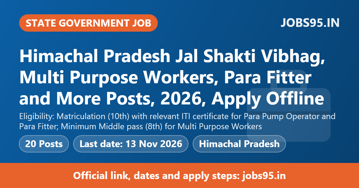 Himachal Pradesh Jal Shakti Vibhag, Multi Purpose Workers, Para Fitter and More Posts, 2026, Apply Offline