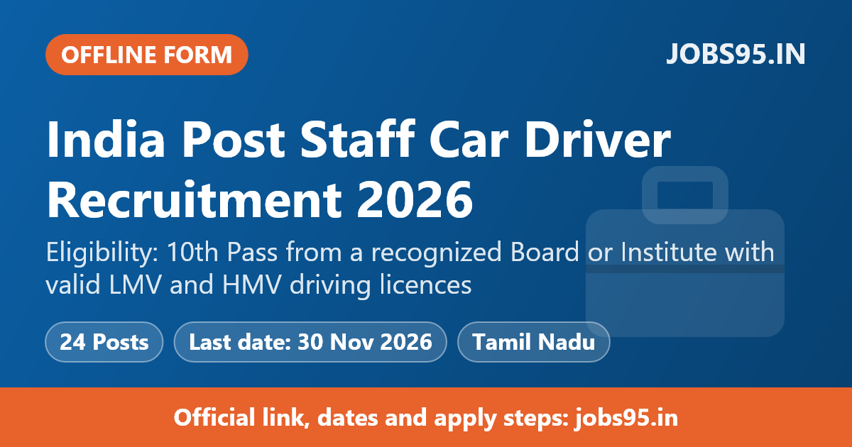 India Post Staff Car Driver Recruitment 2026 - Apply Offline