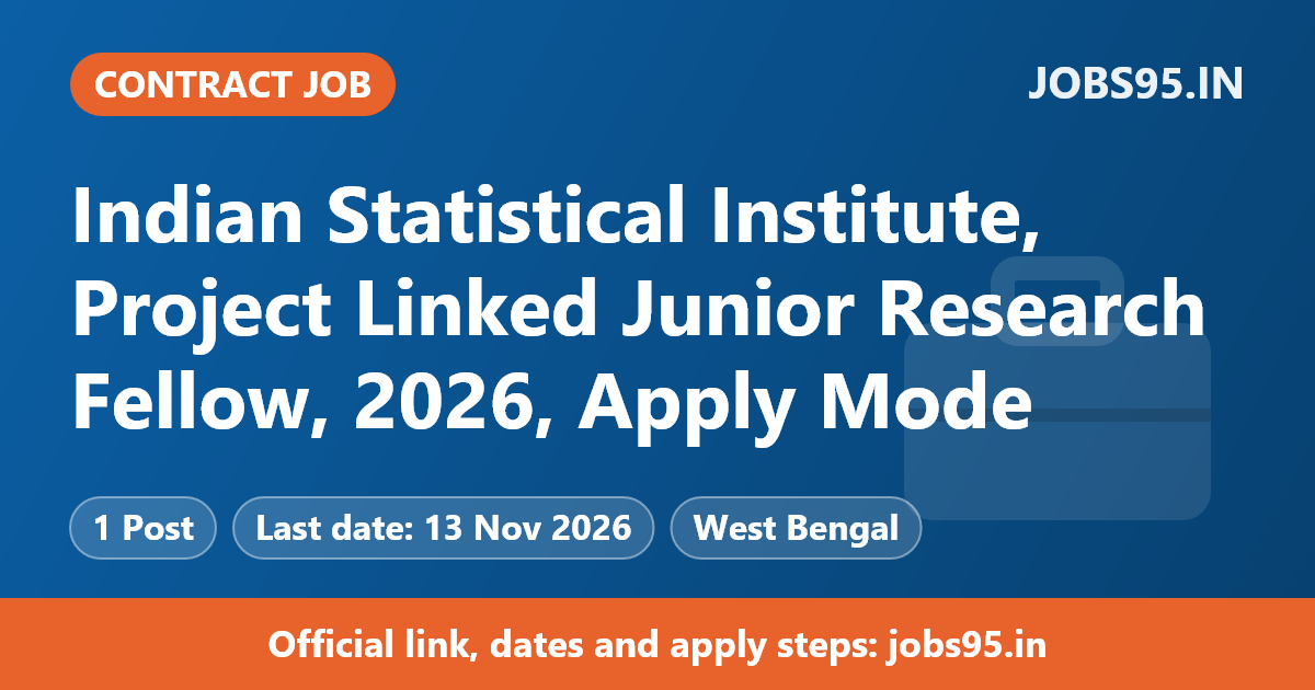 Indian Statistical Institute, Project Linked Junior Research Fellow, 2026, Apply Mode: Email