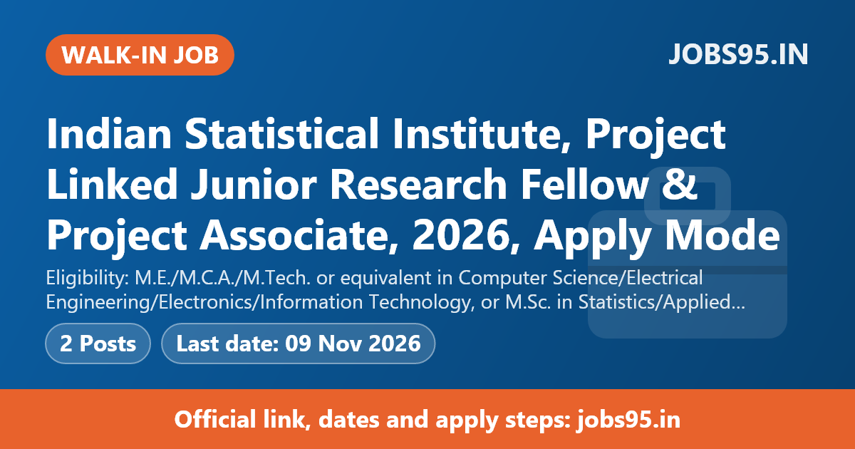 Indian Statistical Institute, Project Linked Junior Research Fellow & Project Associate, 2026, Apply Mode: Walk-in