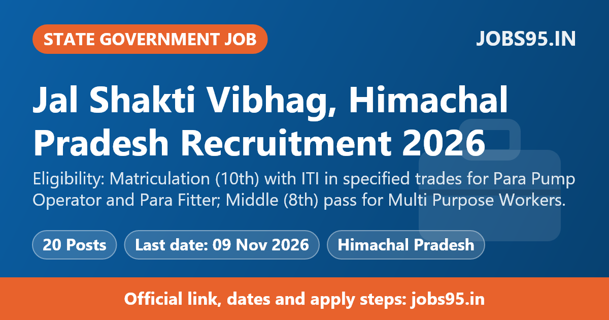 Jal Shakti Vibhag, Himachal Pradesh Recruitment 2026 – Apply Offline for 20 MPW, Para Pump Operator and More Posts