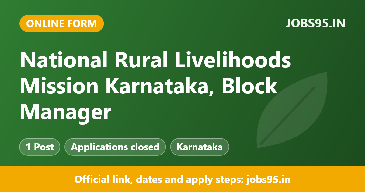 National Rural Livelihoods Mission Karnataka, Block Manager - Farm Livelihoods, 2026, Apply Online