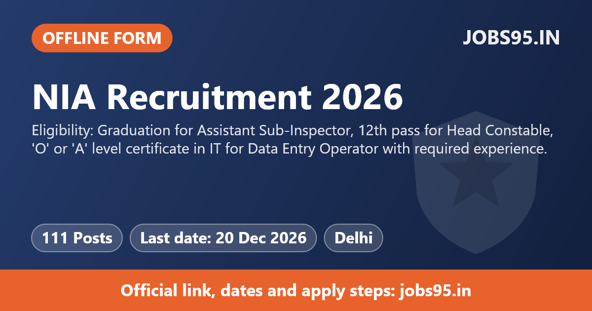 NIA Recruitment 2026 – Apply Offline for 111 DEO, ASI, Head Constable Posts